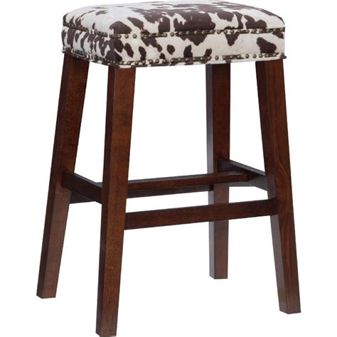 Linon Walt Bar Stool Brown Cow Print Fabric Walnut Finish Bar Stools