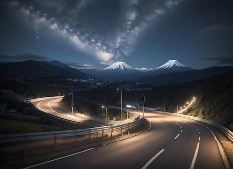 Premium Photo | A highway with a mountain in the background at night ...