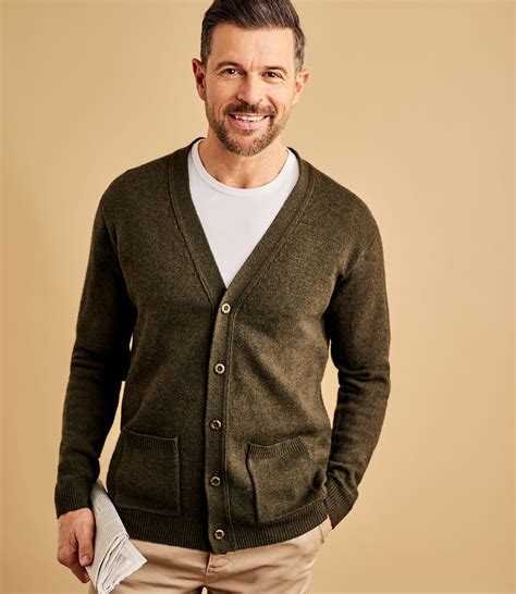 Acorn Green Marl Mens Lambswool V Neck Cardigan Woolovers Uk