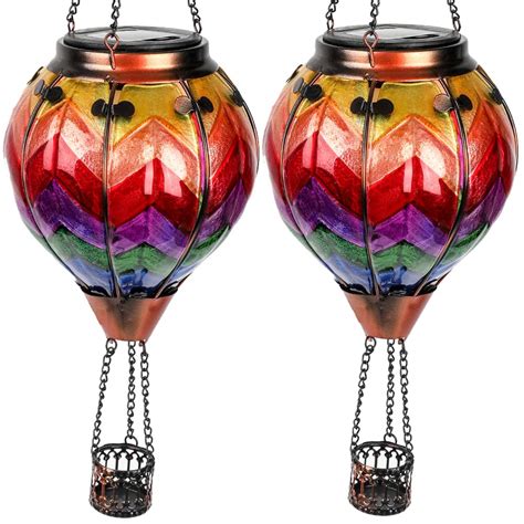 TEYIGARDEN 2PCS Hot Air Balloon Solar Lantern With 2PCS Shepherd Hooks Colorful Wave Solar Hot