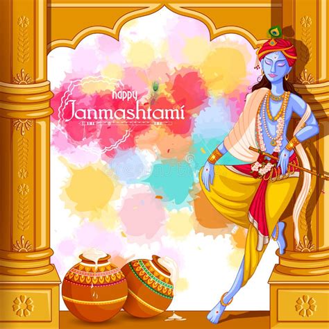 God Krishna Playing Flute On Happy Janmashtami Festival Background Of