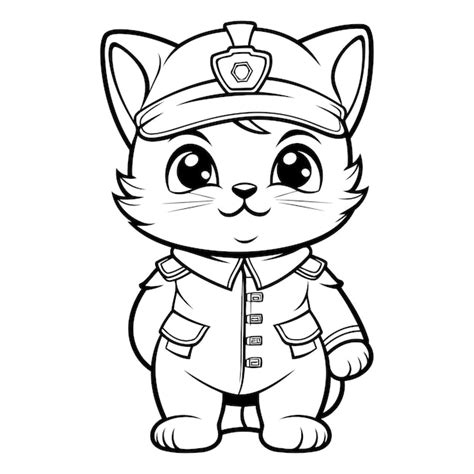 Ilustração de desenho animado em preto e branco de Cute Cat Captain