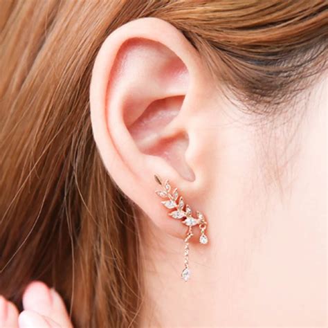 Korean Zircon Elegant Leaves Crystal Earrings Gold Silver Plated For