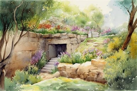 Watercolor Illustration Of The Empty Tomb Carved Out Of Rock In A