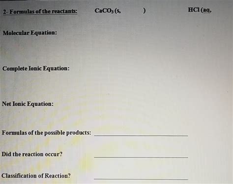 Solved 2 Formulas Of The Reactants Caco S HCl Aq Chegg