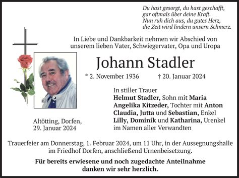 Traueranzeigen Von Johann Stadler Trauer Merkur De