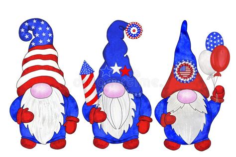 Three Patriotic Gnomes In Colors Of American Flag Stock Illustration