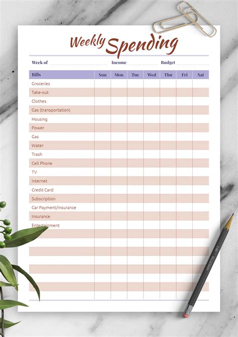 Download Printable Weekly Spending Pdf