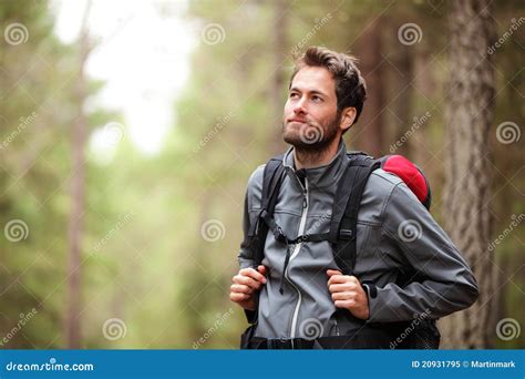 Hiker Man Hiking In Forest Stock Image Image Of Fall Natural 20931795