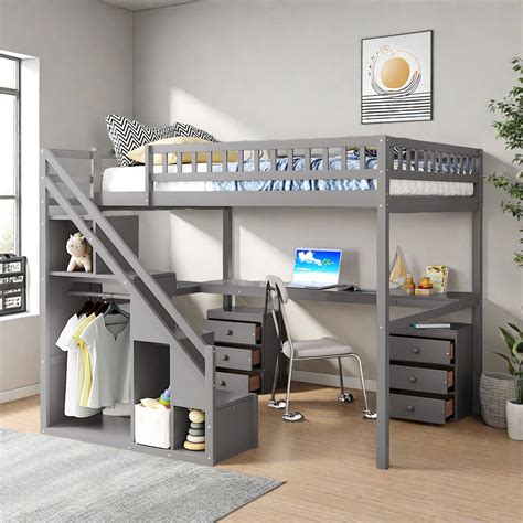 ivy bronx modern lighted loft bed  storage stairs desk