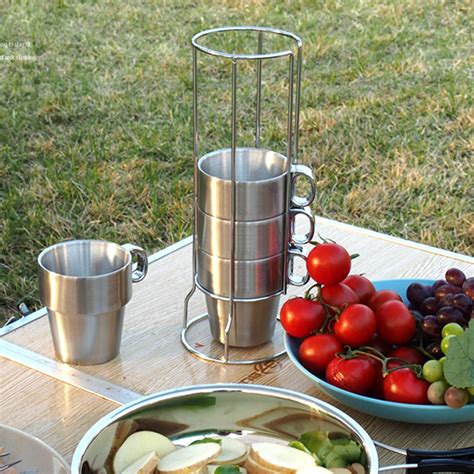 4 Pcs Outdoor Portable Picnic Cups Stainless Steel Drinking Mugs Anti