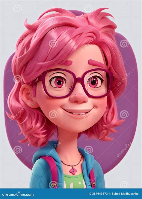 Cartoon Girl with Pink Hair and Glasses, Isolated Background ...