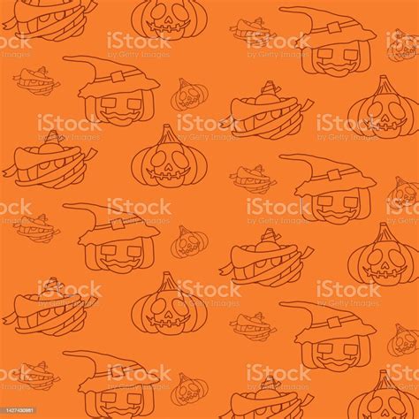 Halloween Pumpkin Black Thin Line Illustration On Orange Background