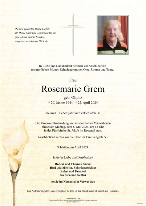 Parte F R Rosemarie Grem Geb Olipitz Pax Requiem