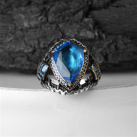 925 Sterling Silver Shield Shape Blue Topaz Stone Men's Ring // Silver
