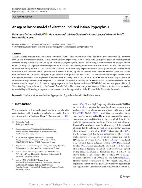 An Agent Based Model Of Vibration Induced Intimal Hyperplasia Request Pdf