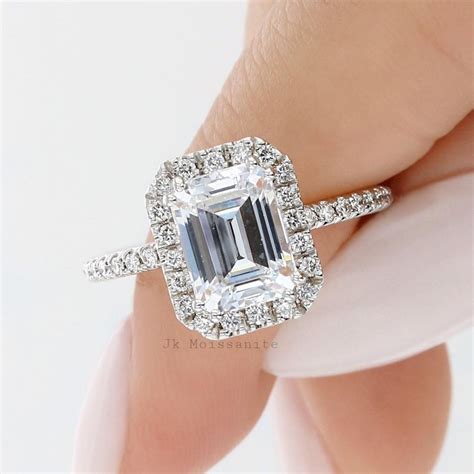 3 80 Carat Emerald Cut Moissanite Ring Halo Engagement Ring Etsy