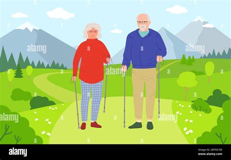 Old men and women walking cartoon. Healthy active lifestyle older ...