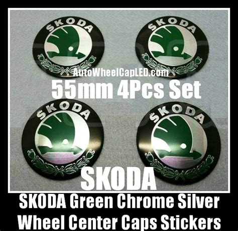 Skoda 55mm Wheel Center Caps Emblems Stickers Green Chrome Silver Alloy