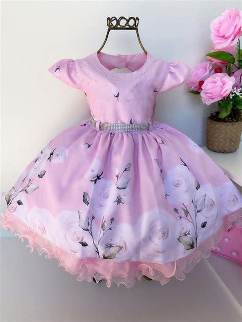 Vestido Infantil Rosa Flores Luxo Aplique Strass Princesas Rosa