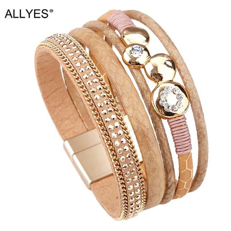 Allyes Multicamadas Pulseira De Couro Feminino Femme Cristal Metal