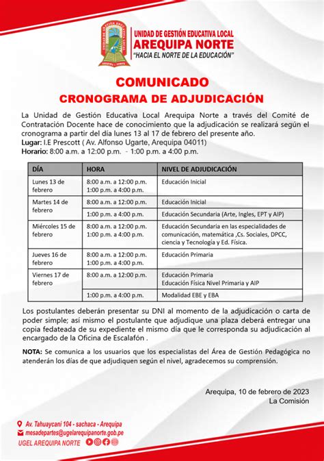 COMUNICADO N º29 2023 CRONOGRAMA DE ADJUDICACIÓN UGEL Arequipa Norte