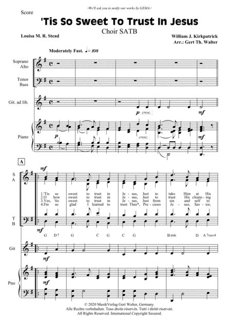 Tis So Sweet To Trust In Jesus Arr Gert Th Walter By William J Kirkpatrick Sheet Music For