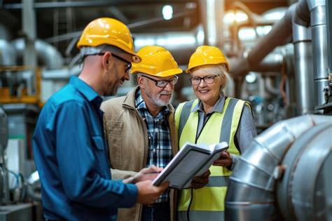 Premium Ai Image Happy Mature Engineer And Colleagues Working In Factory