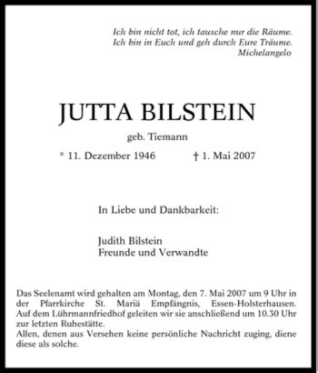 Traueranzeigen Von Jutta Bilstein Trauer In NRW De