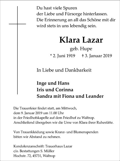 Traueranzeigen Von Klara Lazar Sich Erinnern De