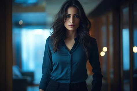 Premium AI Image Pretty Cute Model Wearing Blue Long Sleeves With Blonde Hair