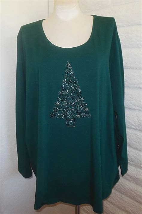 Catherines 4x Green Sparkly Beads Christmas Tree Long Sleeve Tunic Top