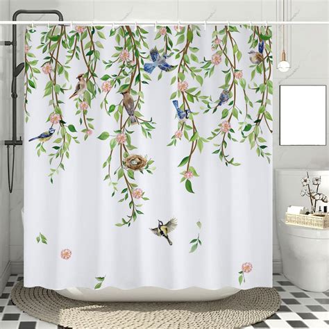 Green Leaf Shower Curtain Spring Watercolor Botanical Plant Leaves