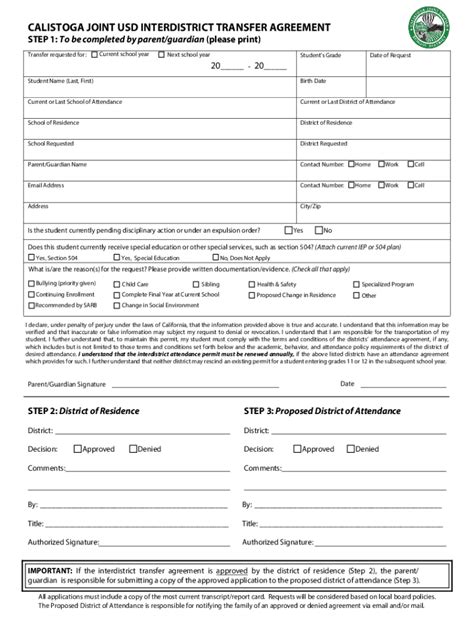 Fillable Online INTERDISTRICT TRANSFER AGREEMENT FOR Fax Email