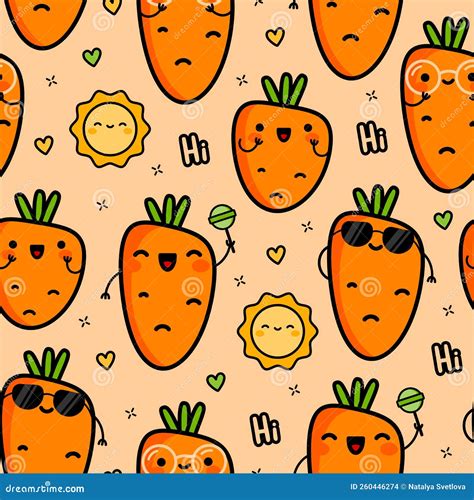 Kawaii Carrot Pattern Happy Carrot Character In Cartoon Style Stock