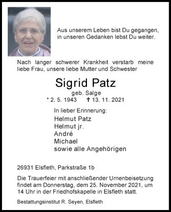 Traueranzeigen Von Sigrid Patz Nordwest Trauer De