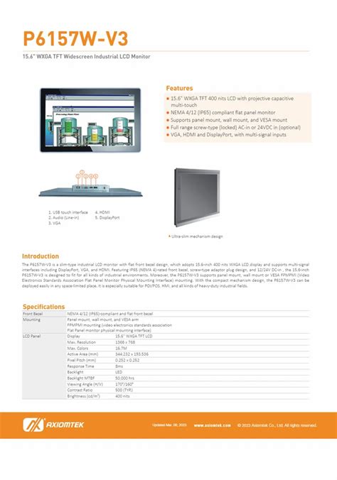 Axiomtek P6157W V3 Widescreen Industrial LCD Monitor Screen Size 15