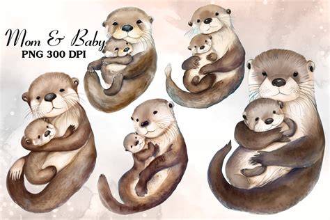 Watercolor Mom And Baby Otter Clipart Graphic By Cat Lady Creative