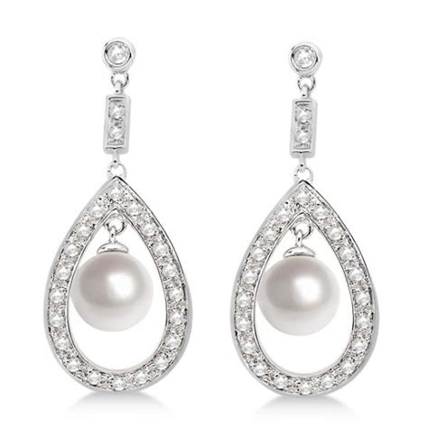 Freshwater Cultured Pearl And Diamond Teardrop Earrings 14k White Gold