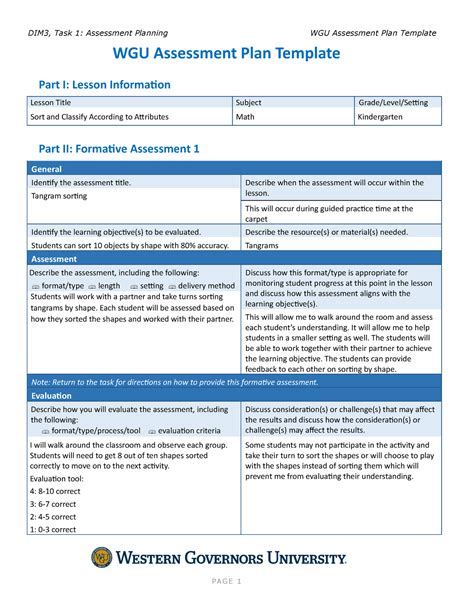 D093 Task 1 Assessment Plan WGU Assessment Plan Template Part I