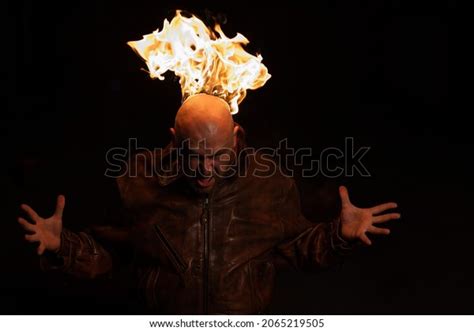 Bald Man Leather Jacket Burning Head Stock Photo 2065219505 Shutterstock