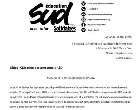 Cdisation Des Aed Sud Education Gard Loz Re Crit Au Dasen Et La