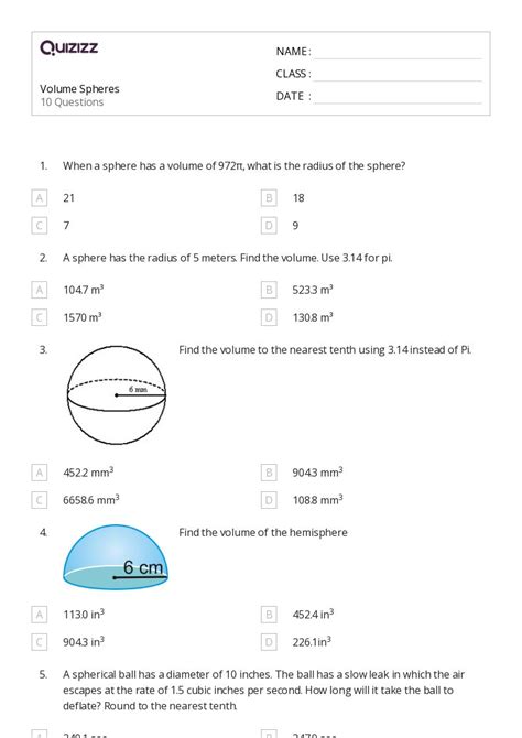 Volume Of A Sphere Worksheets For St Year On Quizizz Free