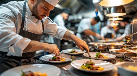 Premium Photo Professional Chef Plating Exquisite Dish In A Bustling