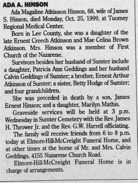 Obituary For Ada A Hinson Aged 68