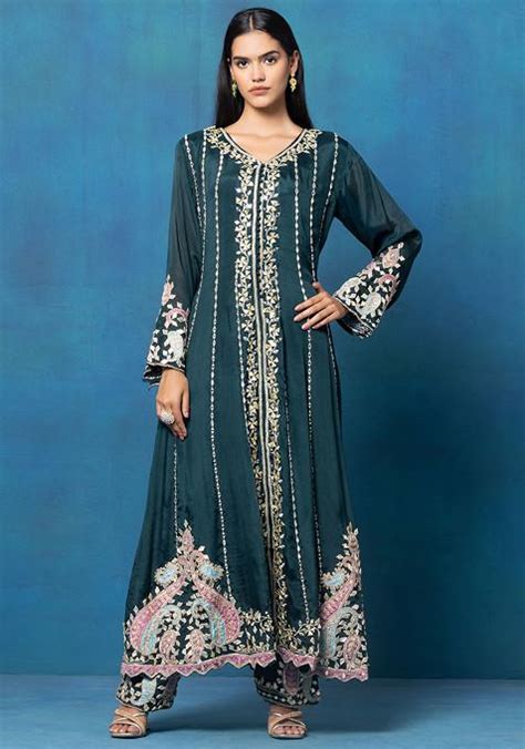 Buy Women Deep Green Gota Patti Embroidered Front Slit Anarkali Kurta