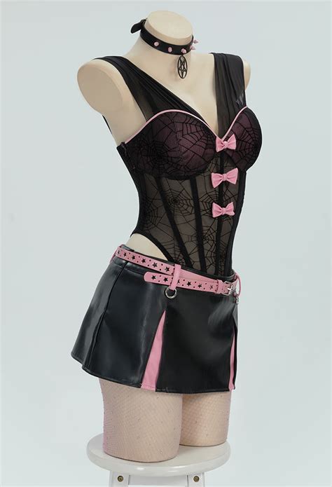 Women Gothic Black Pink Sexy Lingerie Set Dark Style Bowknot V Neck See Through Spiderweb