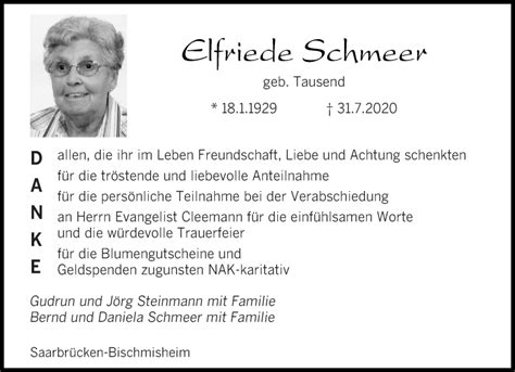 Traueranzeigen Von Elfriede Schmeer Saarbruecker Zeitung Trauer De