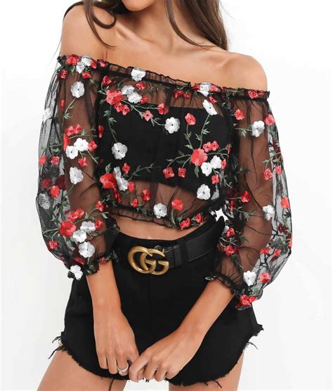 Off The Shoulder Floral Embroidered Mesh Crop Top With Long Sleeves On