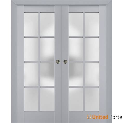 Sliding French Double Pocket Doors With Frosted Glass Veregio 7412 Matte Grey Kit Trims Rail